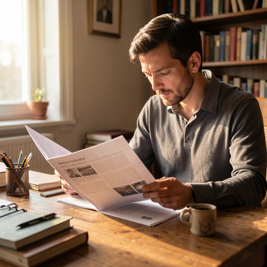Person seated at a wooden desk reviewing printed reference materials in warm natural light, reflecting studious and contemplative reading