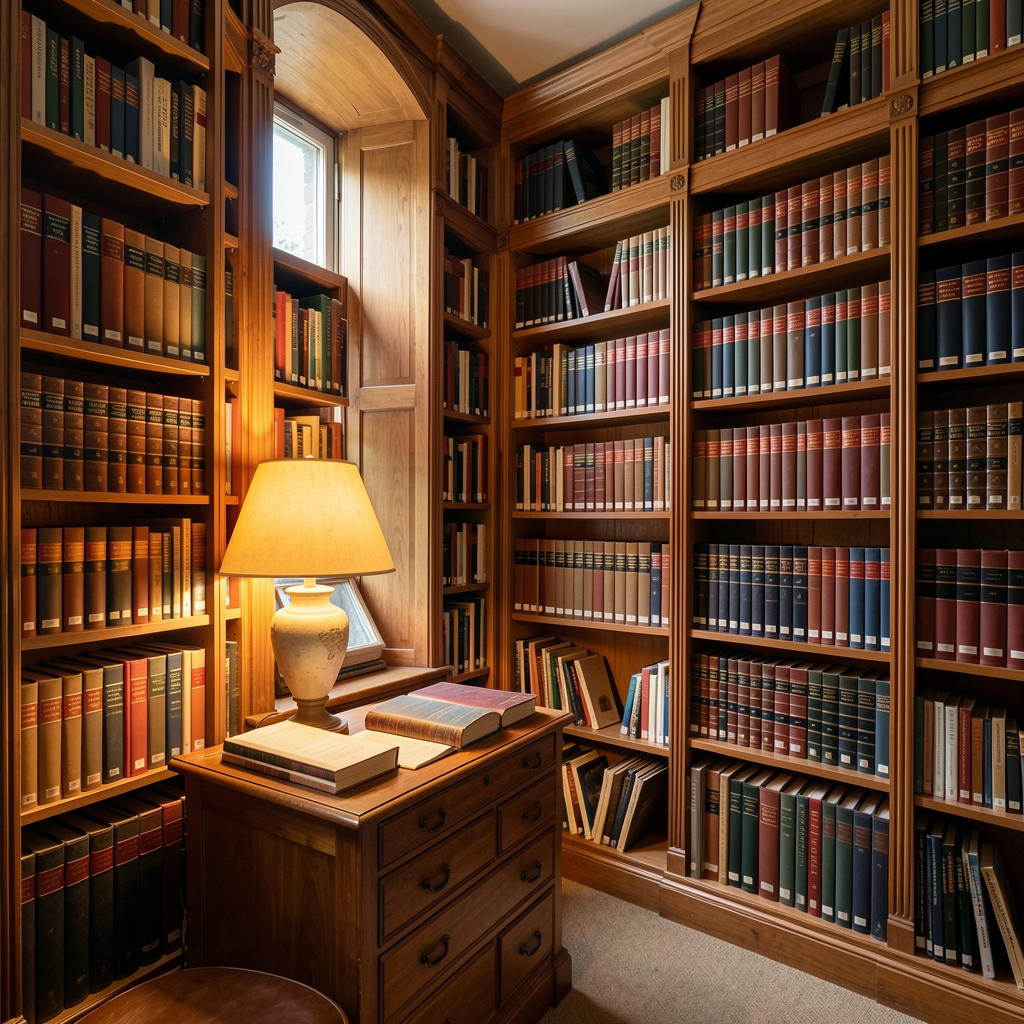 Quiet library interior with tall wooden bookshelves, warm reading lamp light, and orderly rows of reference volumes suggesting careful scholarship and knowledge organization