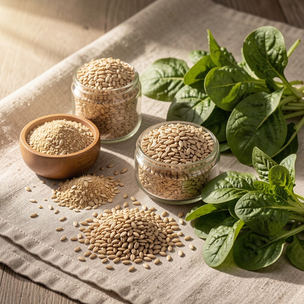 Still-life composition of whole grain foods, seeds and leafy greens arranged on a textured linen cloth with natural morning light from the side