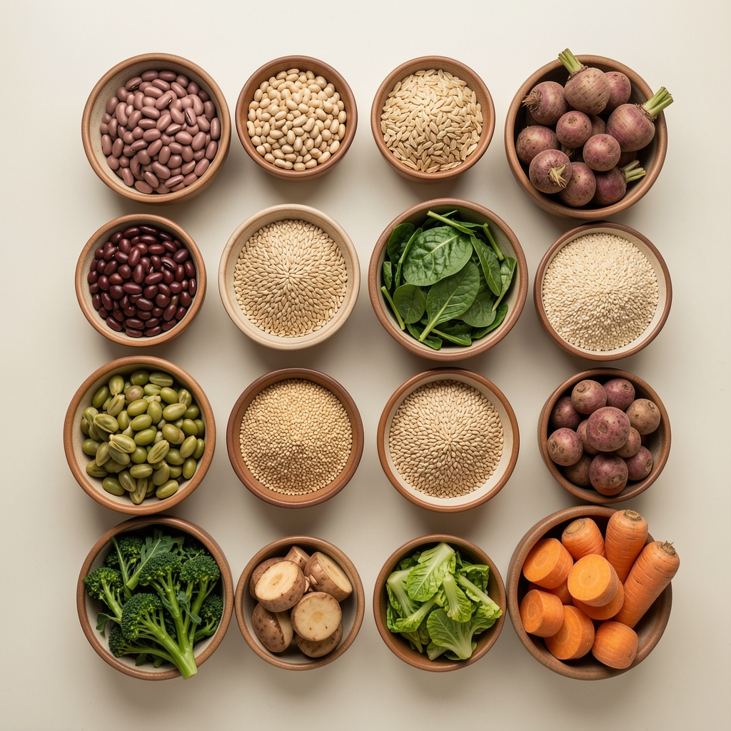 Overhead view of various food groups in small ceramic bowls including legumes, grains, leafy vegetables and root vegetables arranged in an orderly pattern on a light surface