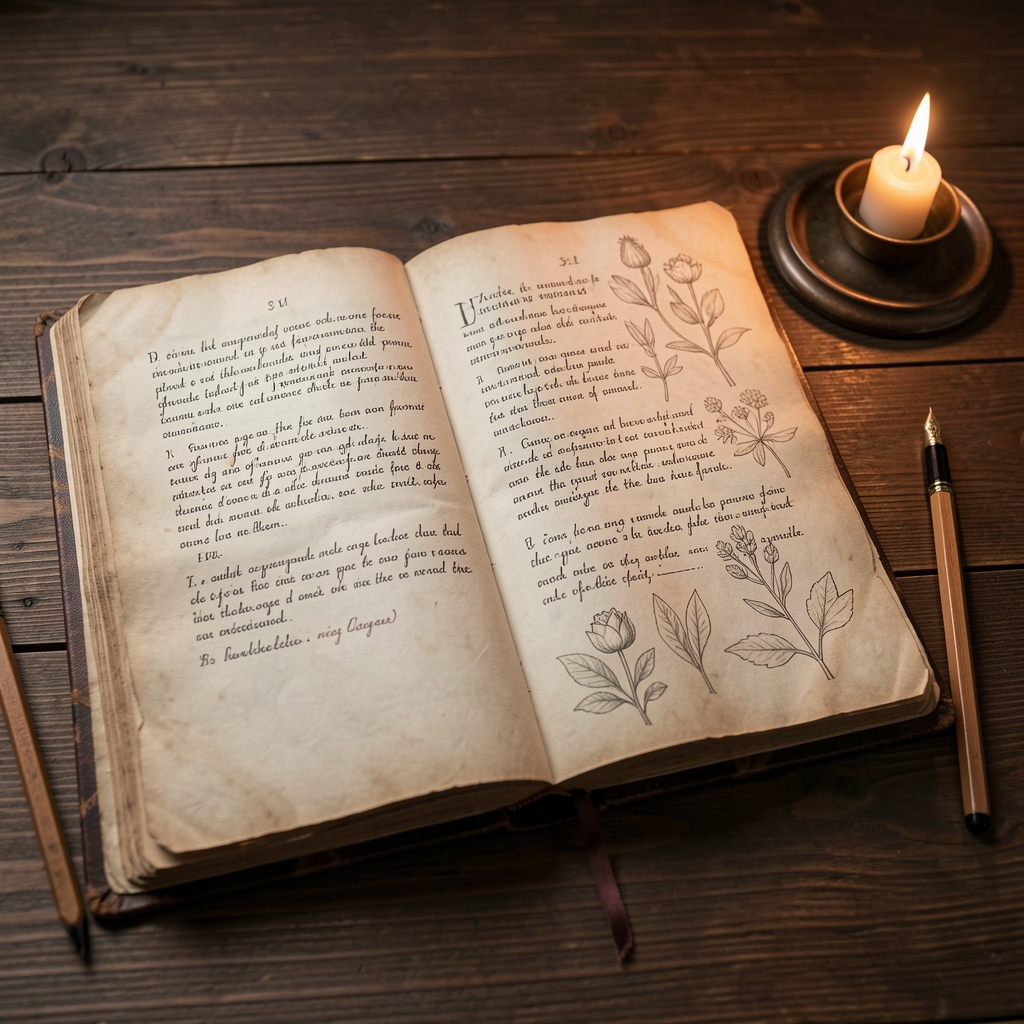 Aged parchment manuscript pages with handwritten text and botanical sketches lying open on a dark wooden surface with a small candle lamp nearby