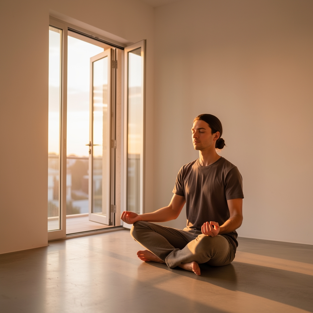 Calm morning scene with a person meditating in a seated position near a large open window with warm sunrise light and a minimalist interior space