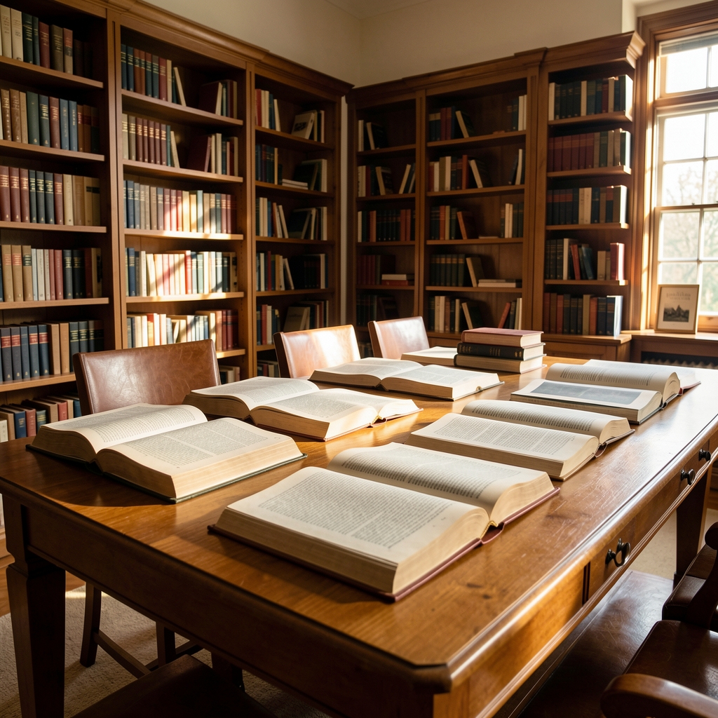 Wide angle view of a calm reading room with natural light falling across several open reference volumes arranged on a broad table with warm-toned wooden surfaces