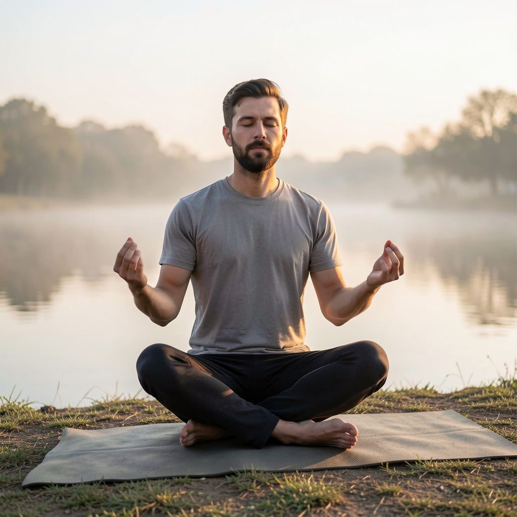 Early morning view of a man practicing mindful movement outdoors near a calm water body with soft dawn light and minimal surroundings