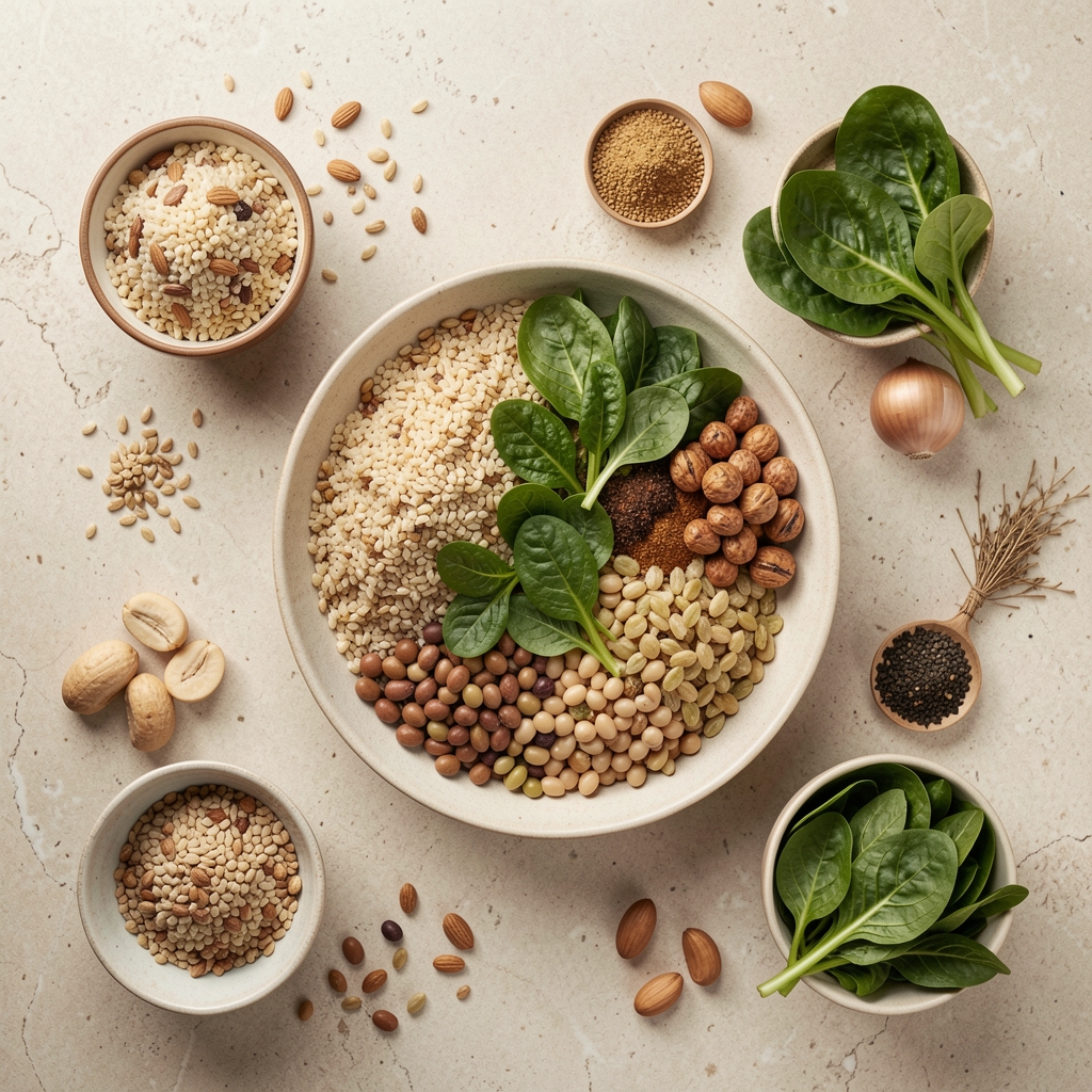 Overhead flat-lay of a balanced meal spread on a light stone surface with grains, leafy vegetables, legumes and whole ingredients in natural tones