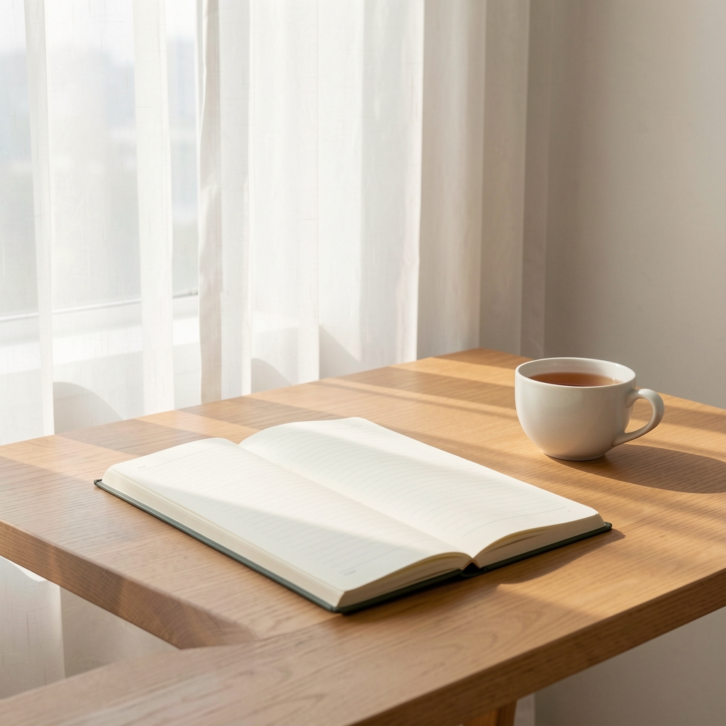 Minimalist workspace with a clean wooden desk, a single open notebook and a cup of tea placed beside a window with soft natural light diffusing through sheer curtains