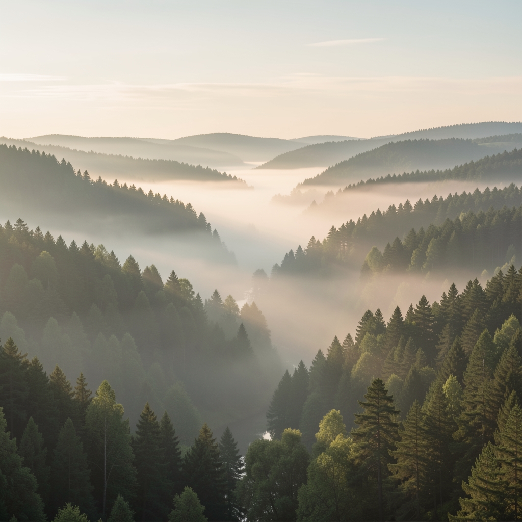 Serene early morning landscape with soft mist over a forested valley, wide perspective, calm natural environment evoking stillness and contemplation